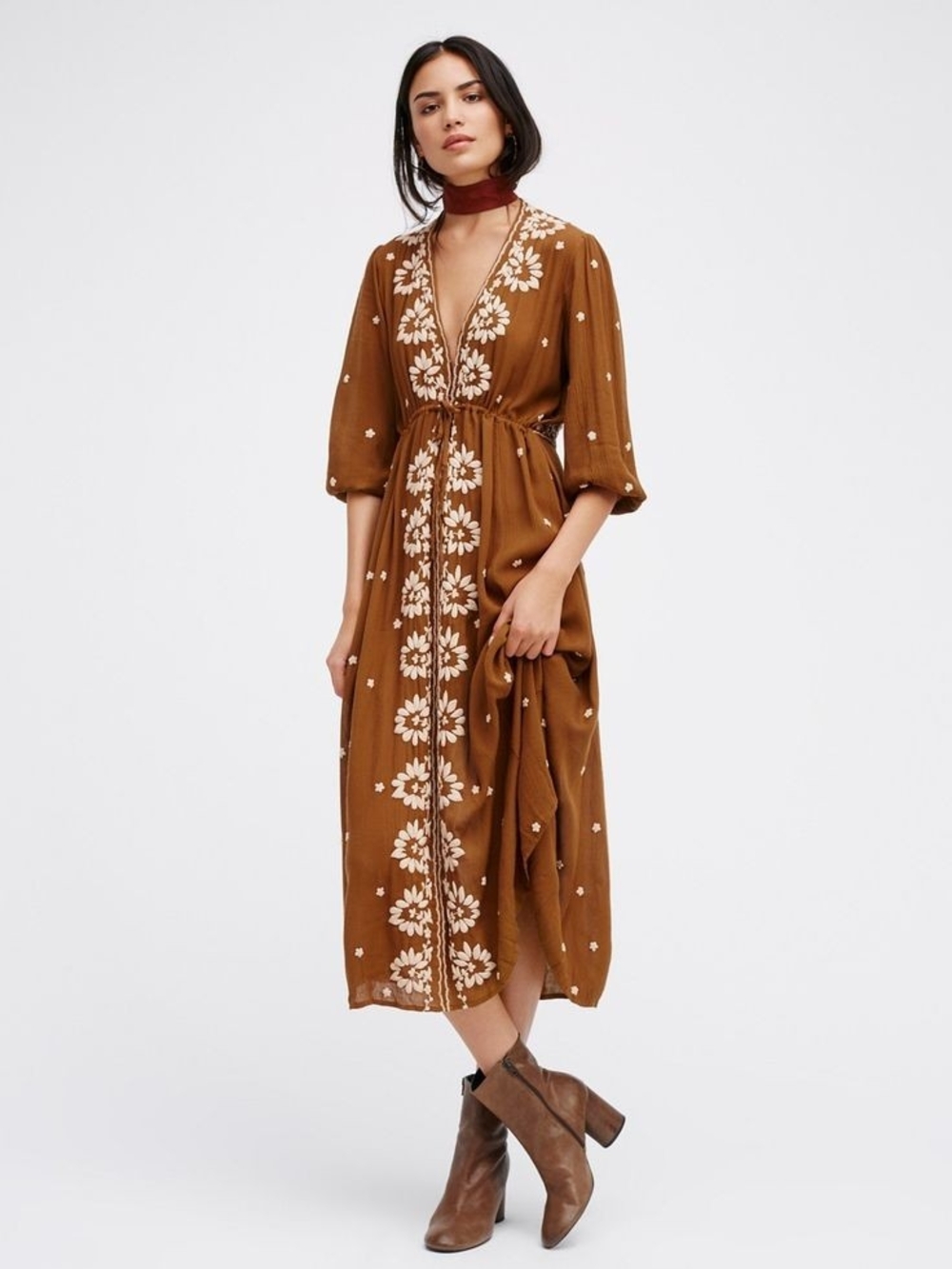 Free People Embroidered Fable Dress XS Bohemian Cottagecore 70s Folk Fall